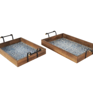 Vanmatre Blue/Wood Coffee Table Tray Set