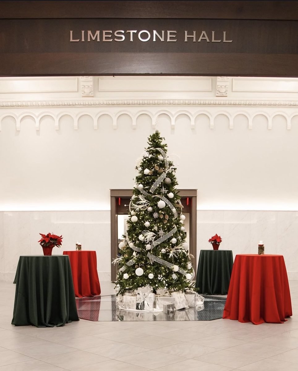 Christmas tree and cocktail tables at Limestone Hall
